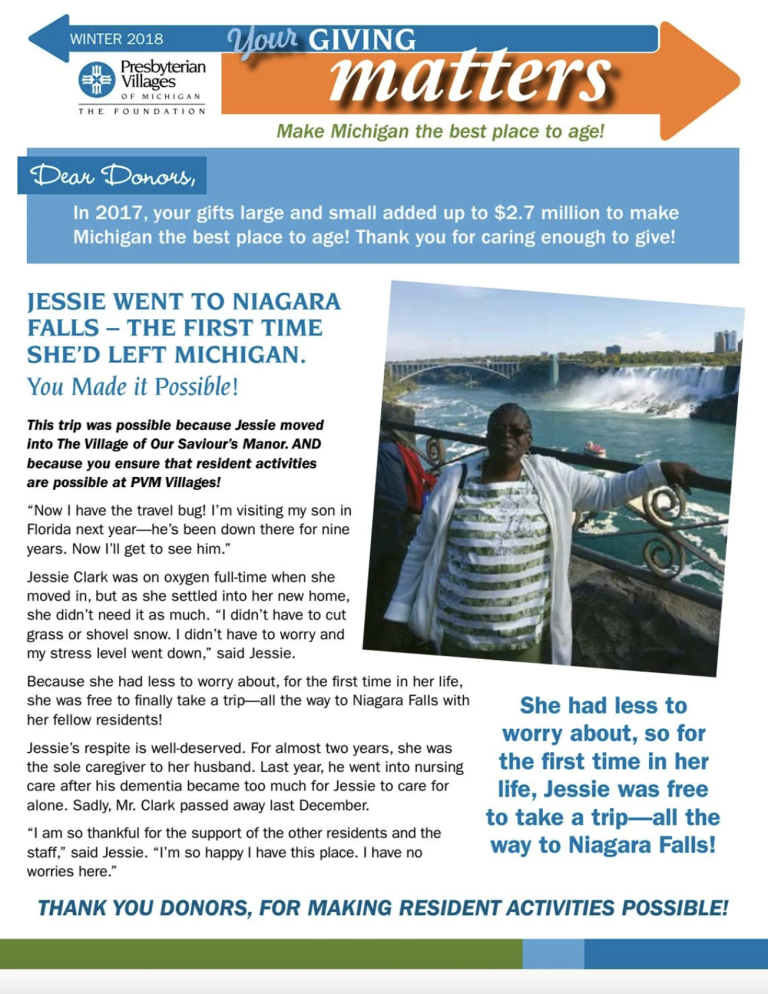 Read the Winter 2018 edition of Your Giving Matters and read about Jessie's trip to Niagara Falls—Her first trip outside of Michigan!