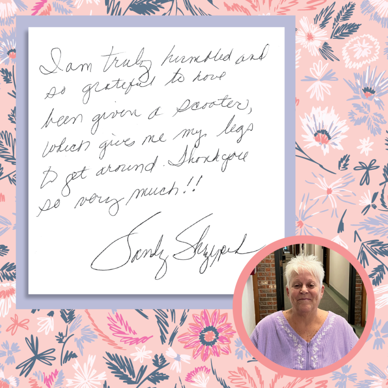 Sandy Skryzpek expresses her gratitude for being given a scooter. Thank you donors!